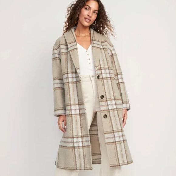 Old Navy Relaxed Plaid Soft-Brushed Overcoat Beige Brown Check Size Large - Picture 1 of 7
